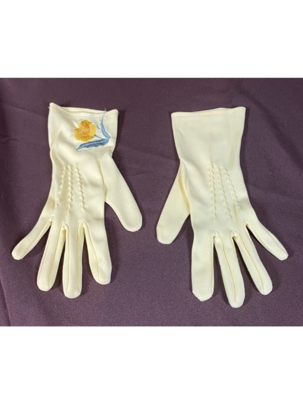Vintage Yellow Fabric Gloves Size Small Stretch Unlined w Embroidered Flower